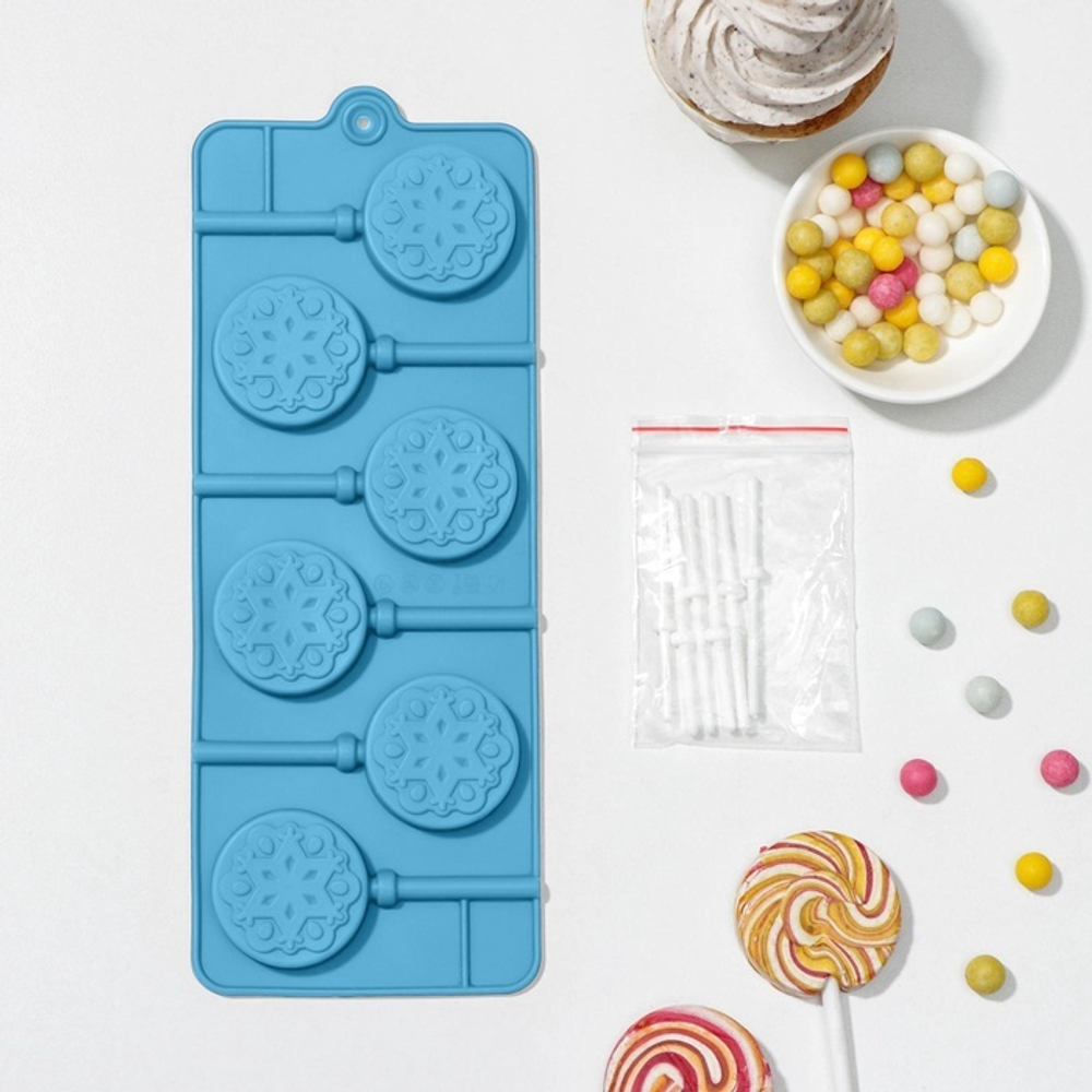 Силиконовая форма для шоколада и леденцов с палочками "Новогодние леденцы" 24*9см