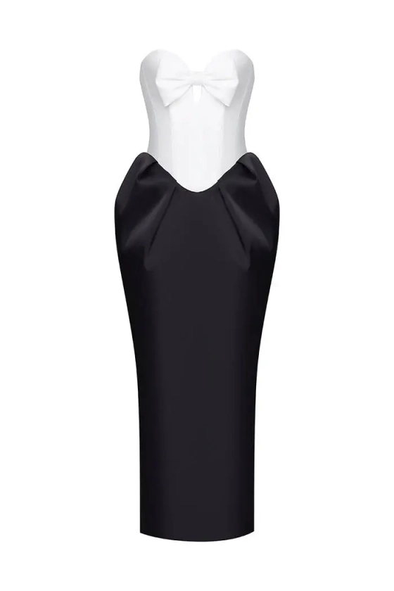 Платье миди удлиненное корсетное из атласа с бантом