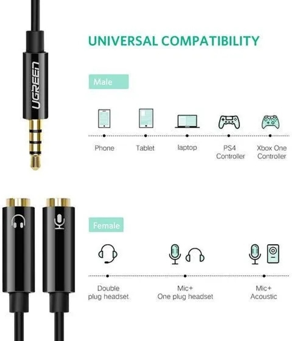 Переходник 2*Audiof 3.5mm - Audio 3.5mm, UGREEN 30620