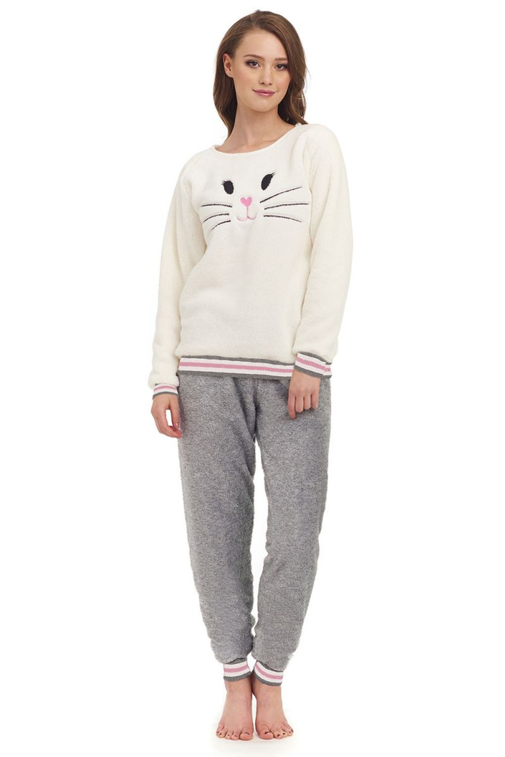 Плюшевая пижамка с кошачьей мордочкой (Размер: L) (Цвет: молочный)