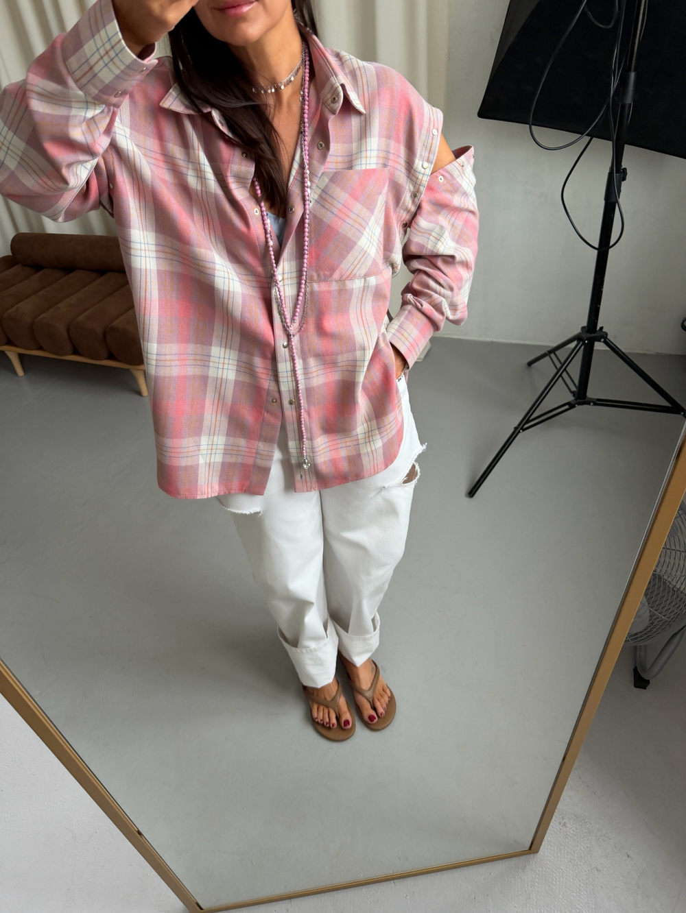 Рубашка трансформер в клетку нежно-розовая