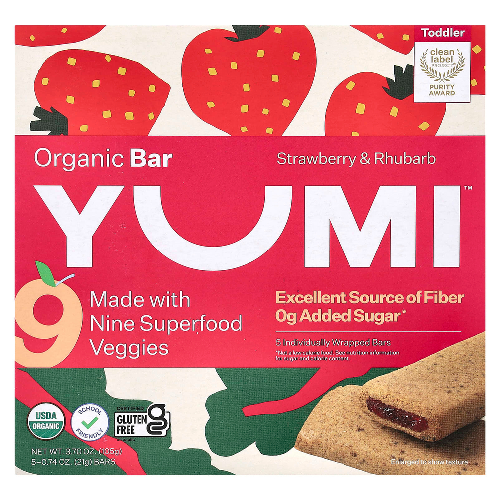 Yumi, органический батончик, для малышей, клубника и ревень, 5 батончиков по 21 г (0,74 унции)