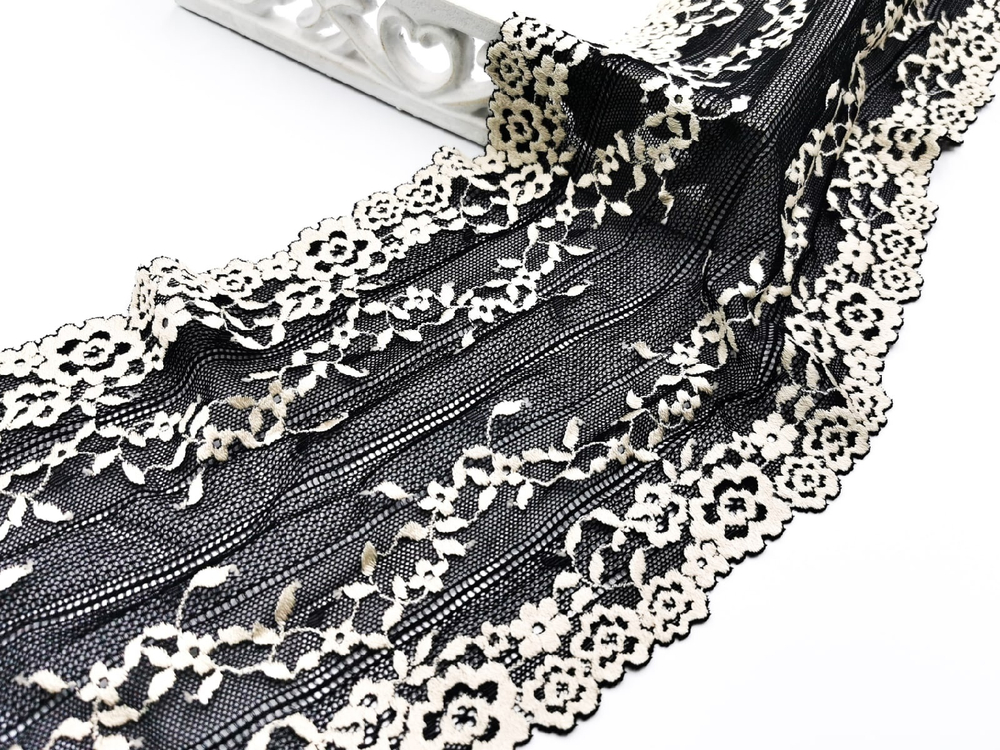 Эластичное кружево, 18 см, черное и светло-бежевое, (Арт: EK-2717), м