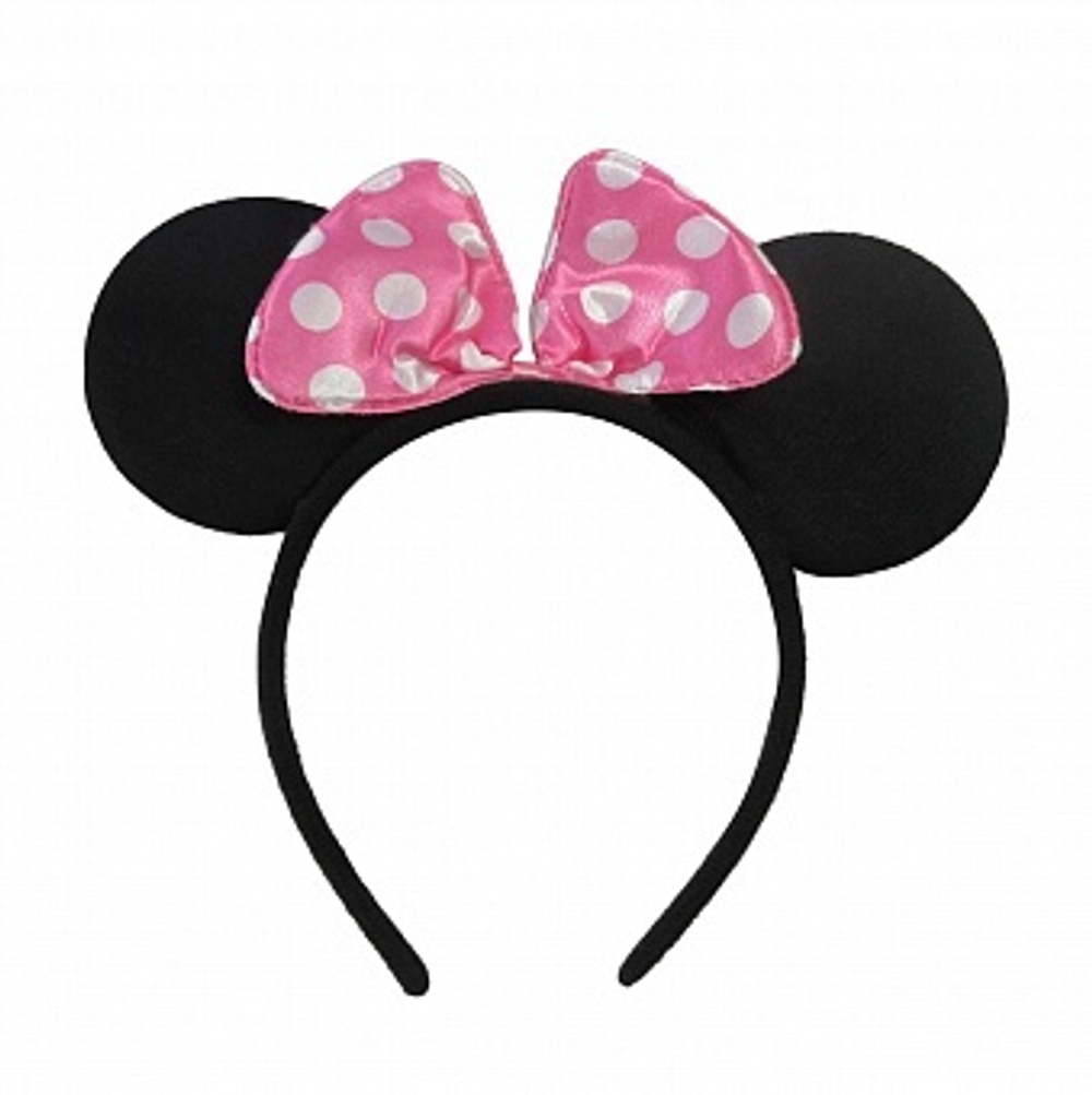 Ободок Мышка с розовым бантиком крупный белый горох Черный