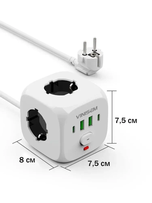 Сетевой фильтр USB КУБ 3 розетки / 3 метра, белый с предохранителем