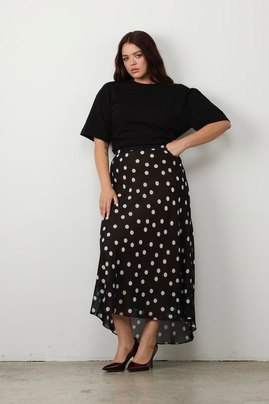 Юбка миди из шифона, черный в белый горох