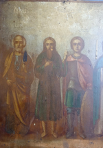 Икона 19 век Четверо Святых. Образ Святых. Апостол Пётр, Димитрий Солунский, Мученица Васса Алонская. Российская империя