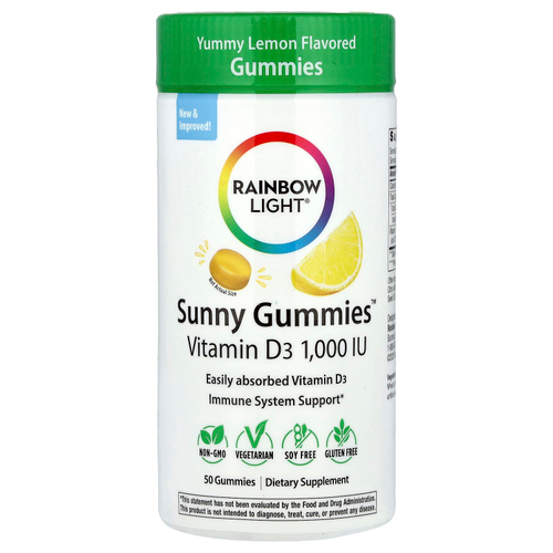 Rainbow Light, Sunny Gummies ™, витамин D3, вкусный лимон, 25 мкг (1000 МЕ), 50 жевательных таблеток
