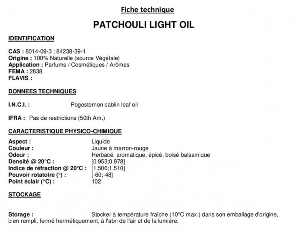PATCHOULI LIGHT OIL / МАСЛО ПАЧУЛИ ЛАЙТ CAS 8014-09-3 ; 84238-39-1