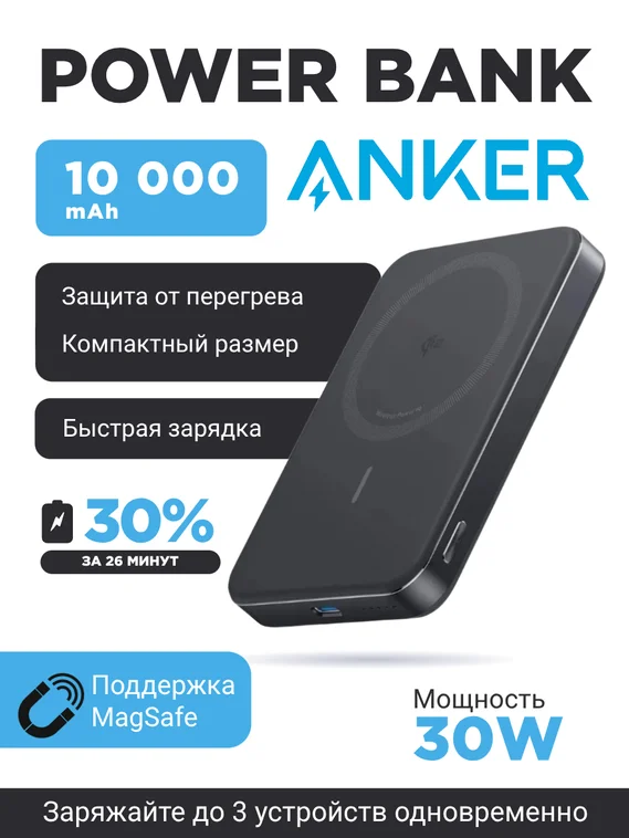Внешний аккумулятор Anker MagGo Power Bank 10000 mAh A1664 черный УЦЕНКА