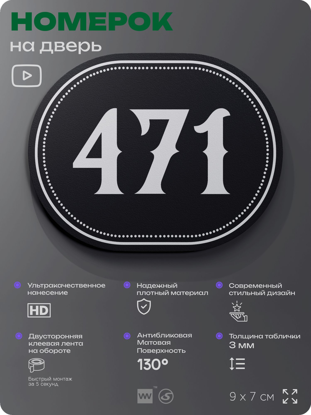 Номерок на дверь квартиры 471, для кабинета, офиса, шильдик 9 х 7 см, черный, Айдентика Технолоджи