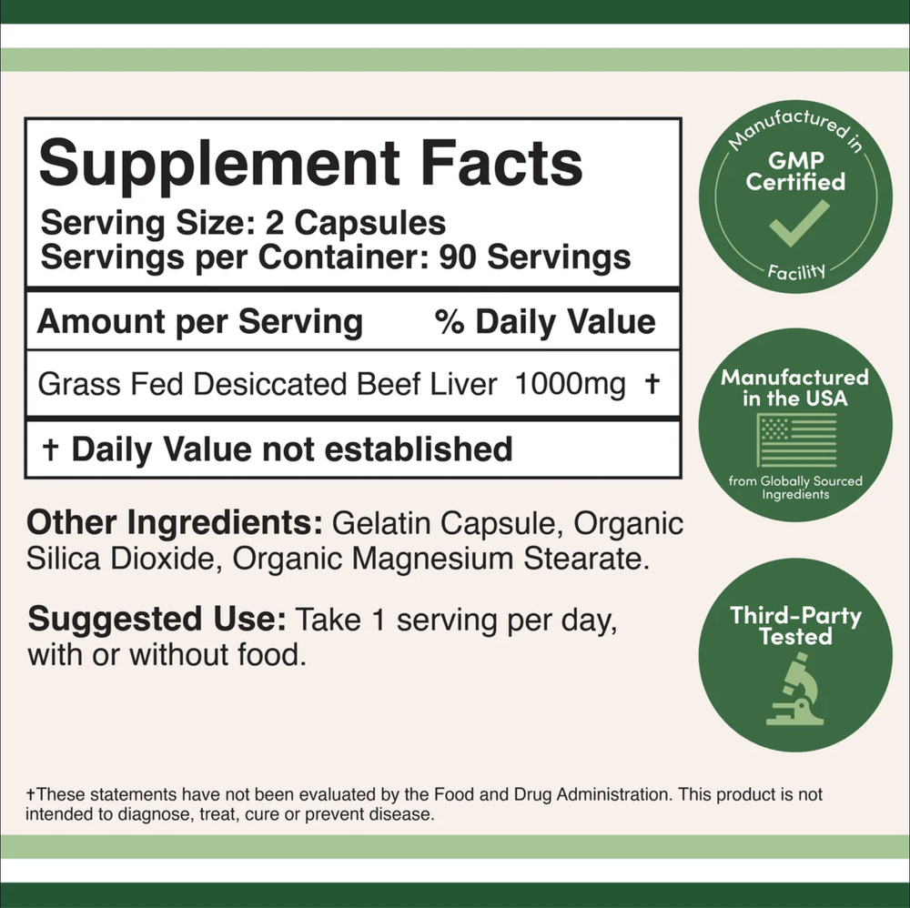 Double Wood Supplements - Grass Fed Beef Liver - 180 x 500 mg capsules