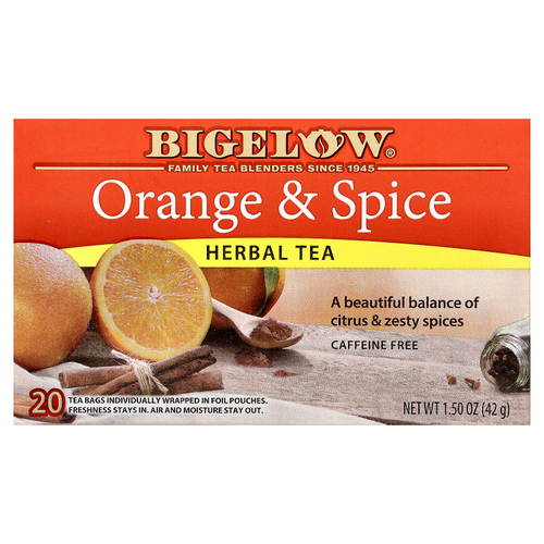 Bigelow, травяной чай, апельсин и специи, без кофеина, 20 чайных пакетиков, 42 г (1,5 унции)
