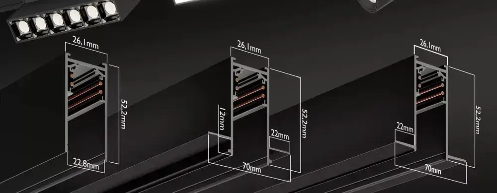 Трековая система освещения для натяжных потолков MAGNETIC S20 48V Чёрный шинопровод алюминиевый четырех-контактный низковольтный 4TRA 57x55x1500mm IP20 1.5 м. торцевые заглушки в комплекте