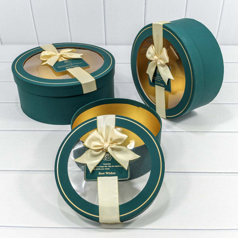 Коробка 28х11.5 см Набор 3 шт с окошком и бантом (Зеленый, Синий)