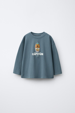 ZARA ФУТБОЛКА С ЭФФЕКТОМ GARMENT DYE С ПРИНТОМ «КАПИБАРА CAPYFUN ©», СИНИЙ