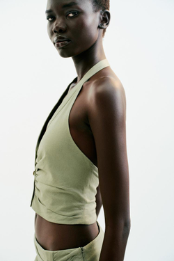 ZARA ТОП ИЗ СМЕСОВОГО ЛЬНА С ГОРЛОВИНОЙ ХАЛТЕР, СВЕТЛЫЙ ХАКИ