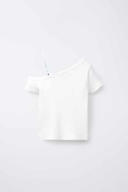 ZARA АСИММЕТРИЧНЫЙ ТОП В РУБЧИК С БУСИНАМИ, БЕЛЫЙ