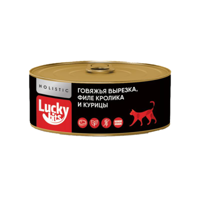 Lucky bits консервы для кошек говяжья вырезка с филе кролика и курицы, 100гр.