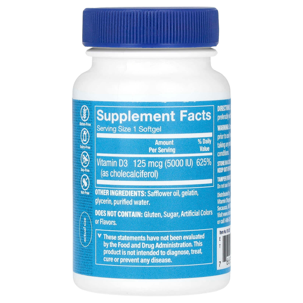 The Vitamin Shoppe, витамин D3, 125 мкг (5000 МЕ), 100 мягких таблеток