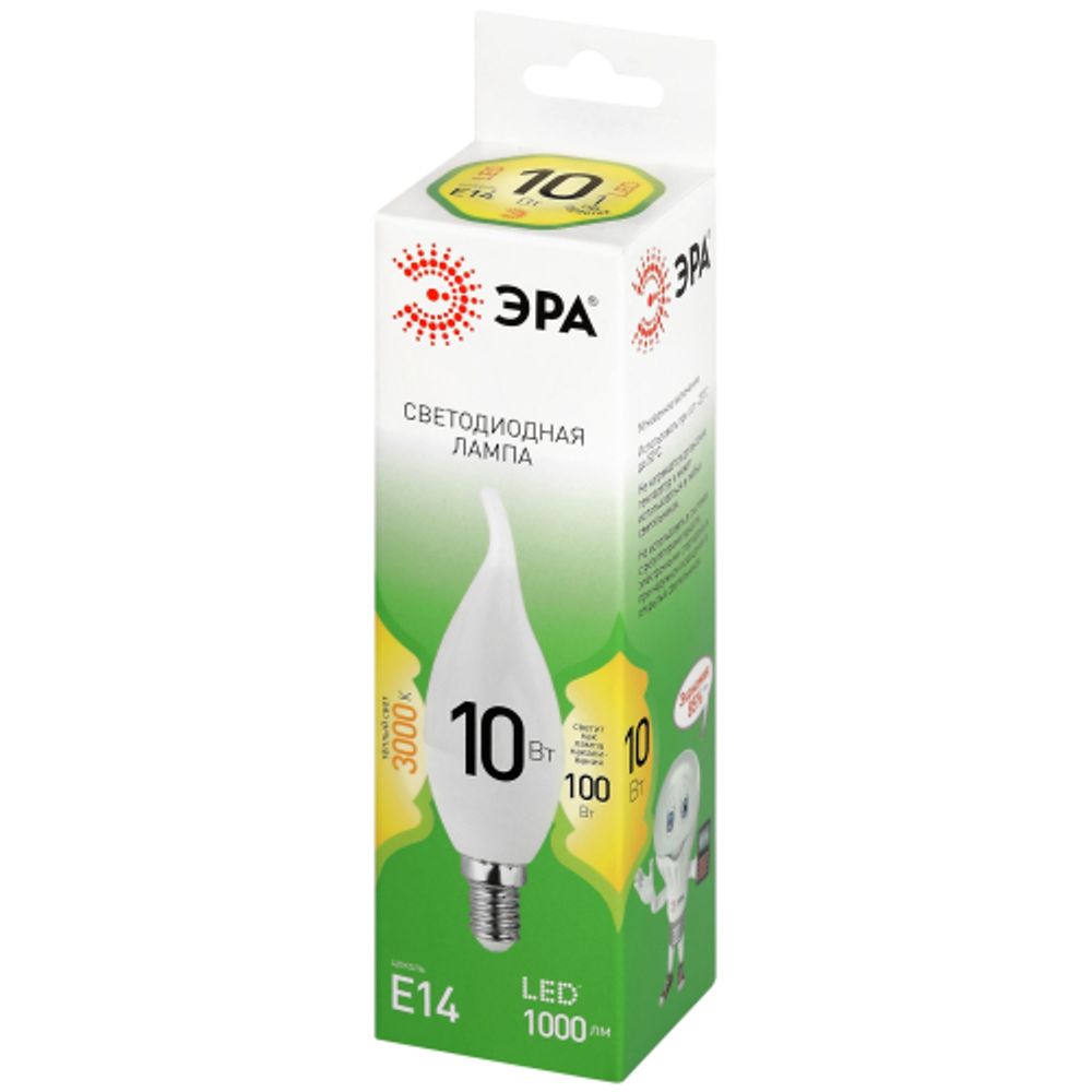 Лампа светодиодная ЭРА GREEN LINE LED BXS-10W-830-E14 GL 10Вт свеча на ветру теплый свет E14 | Лампы cветодиодные Свеча (B/C)