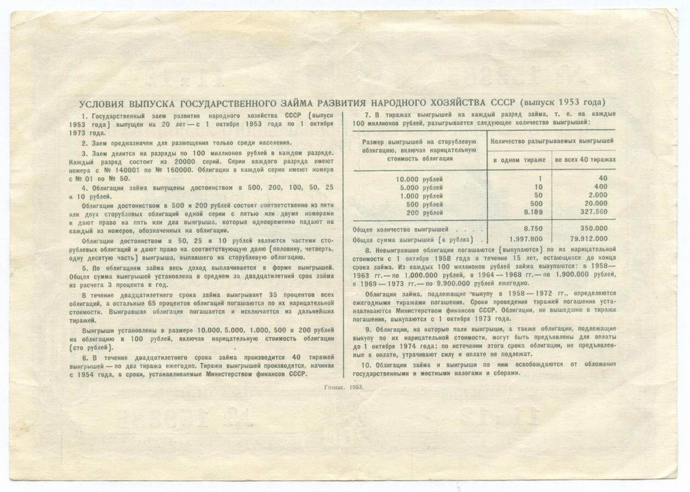 Облигация 200 рублей 1953 год. Серия № 159385. VF