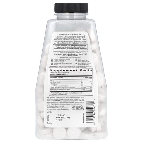 Country Life, Acid Rescue, карбонат кальция, ягодный вкус, 220 жевательных таблеток