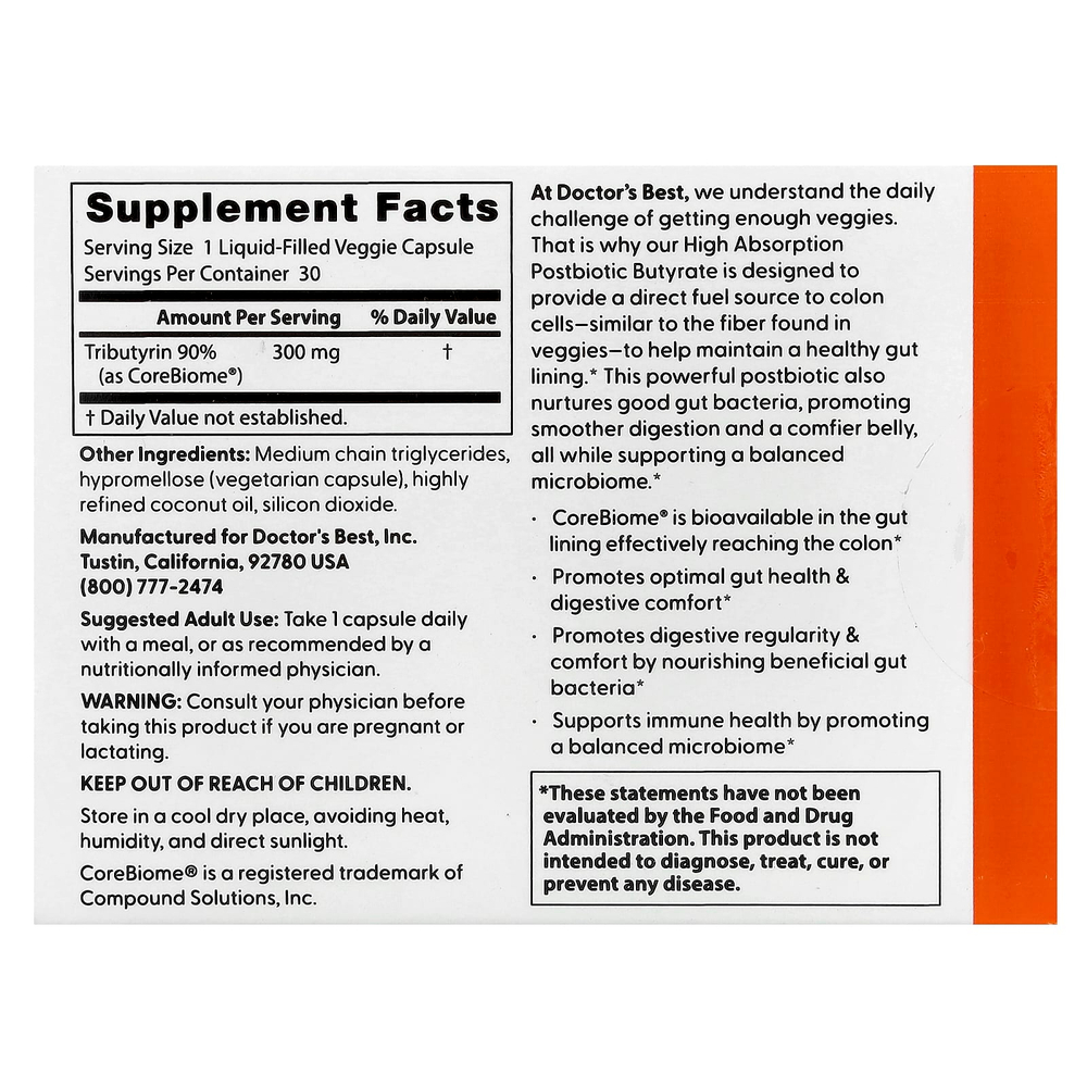 Doctor's Best, Постбиотический бутират с высокой усвояемостью, 30 растительных капсул с жидкостью (300 мг на капсулу)