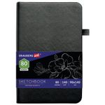 Скетчбук, черная бумага 140 г/м2 90х140 мм, 80 л., КОЖЗАМ, резинка, карман, BRAUBERG ART, черный, 113201