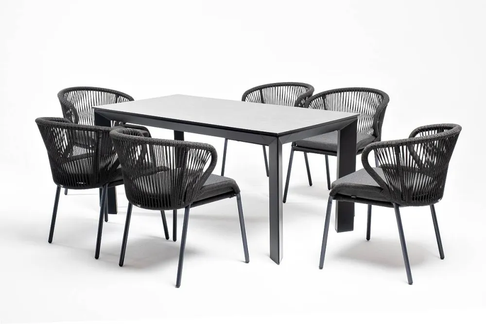 "Венето" обеденная группа на 6 персон со стульями "Милан", каркас темно-серый, роуп темно-серый