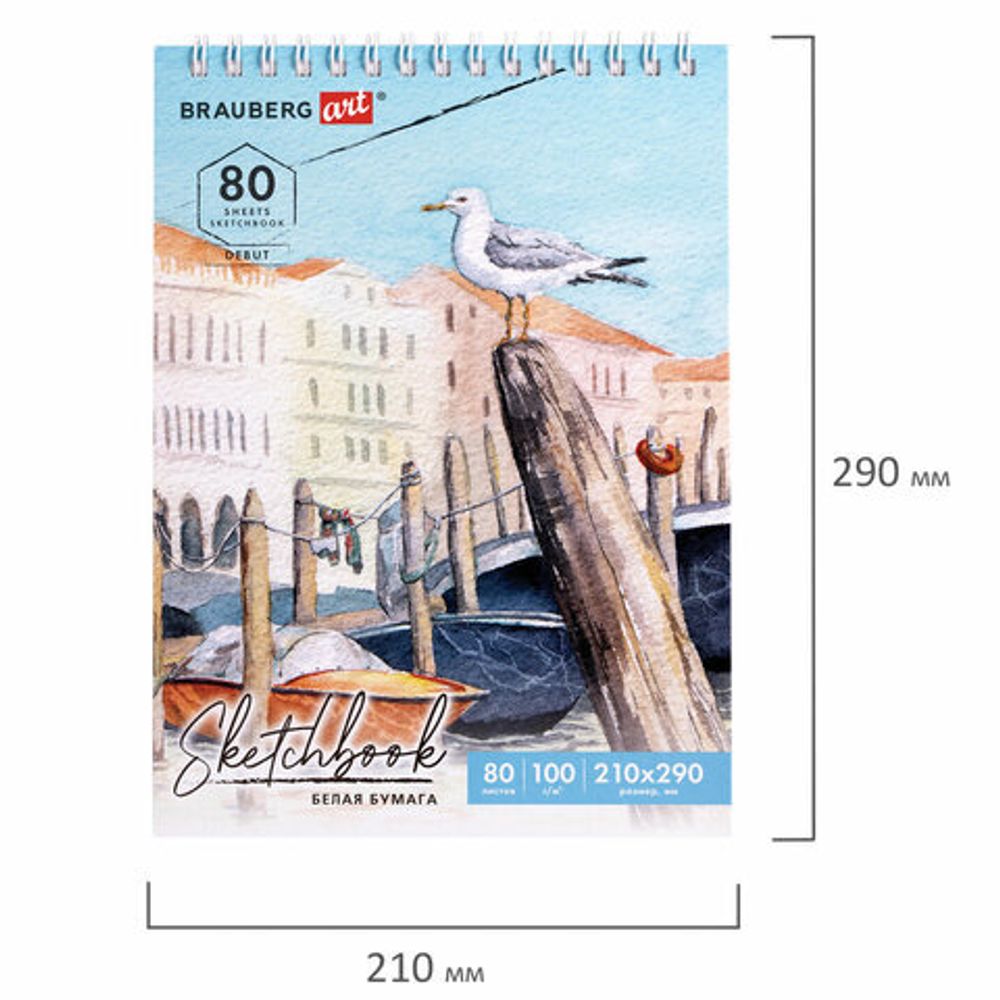 Скетчбук, белая бумага 100 г/м2 200х290 мм, 80 л., гребень, твердая обложка, BRAUBERG ART DEBUT, 112987