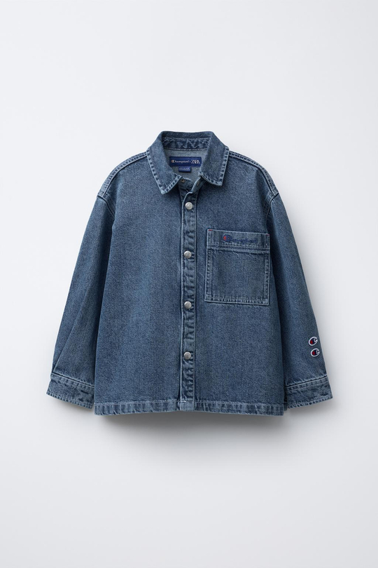 ZARA Х CHAMPION ® ДЖИНСОВАЯ КУРТКА-РУБАШКА С ВЫШИВКОЙ, СИНИЙ