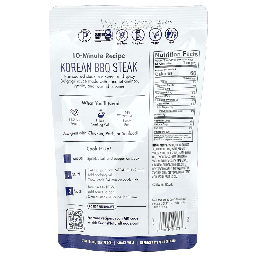 Kevin's Natural Foods, Корейский соус для барбекю, мягкий, 198 г (7 унций)