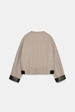 ZARA БОМБЕР С ОТДЕЛКОЙ ИЗ ИСКУССТВЕННОЙ КОЖИ, ПЕСОЧНЫЙ