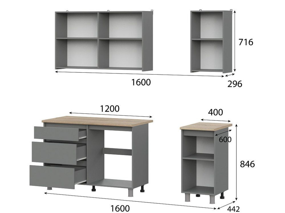 Кухонный гарнитур Den 1,6м Графит серый/Дуб Сонома