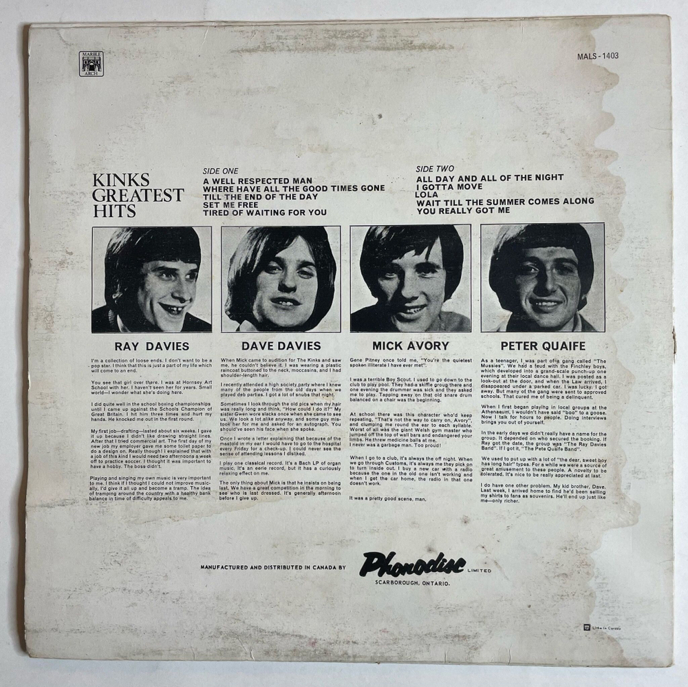 Винтажная виниловая пластинка LP The Kinks Greatest Hits (Canada 1971)