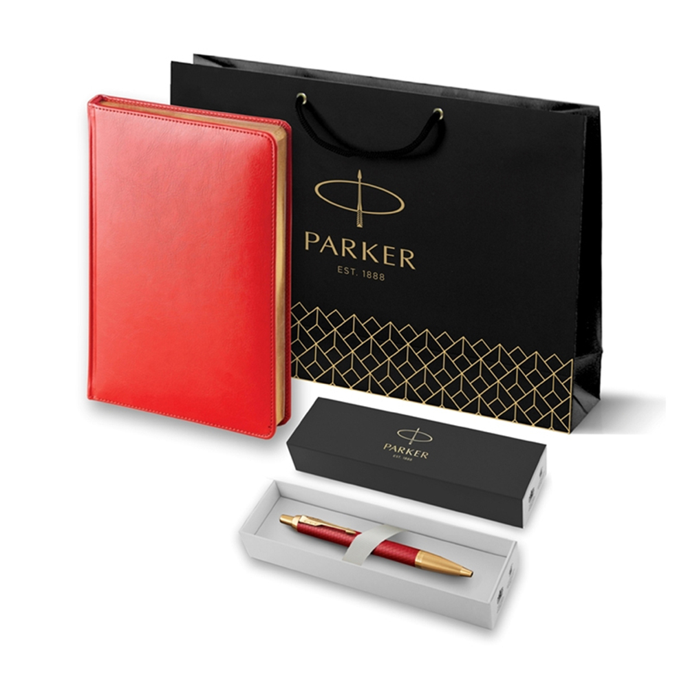 Подарочный набор: Шариковая ручка Parker IM Premium K318 Red GT, цвет чернил синий и красный недатированный ежедневник с золотым срезом