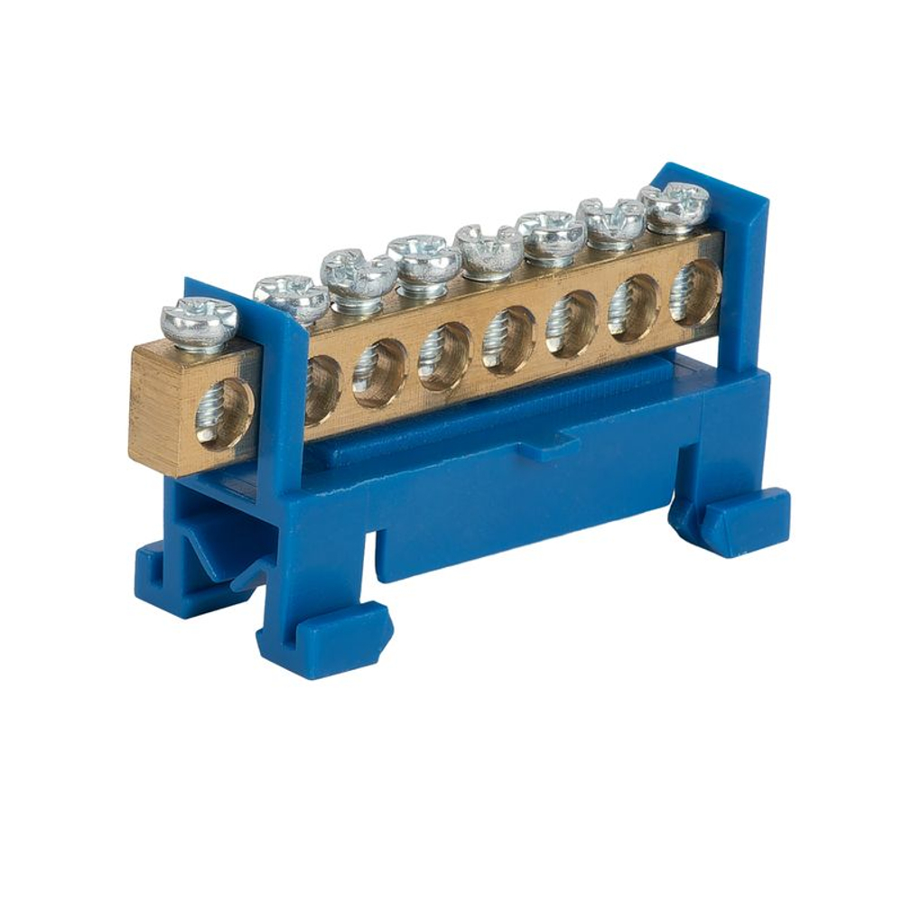 Шина нулевая 8 отверстий, изолятор стойка на DIN-рейку, синий 6х9 мм