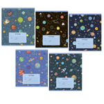 Тетрадь 12л., клетка, Alingar, скрепка, блок офсет, 100% белизна, мелованный картон (стандарт), "Космос", 5 дизайнов в пленке т/у