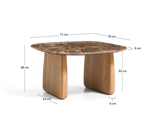 Приставной столик Pirita из коричневого мрамора с ножками из дуба с натуральной отделкой, 71 x 70 см