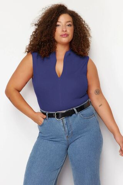 Темно-синий камзол из 100% хлопка с застежкой-молнией, вязаная блузка больших размеров TBBSS24AF00040