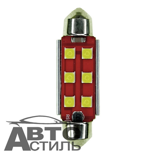 Светодиод 12V T11x41  6SMD 3030 WHITE SJ-FLS35-4106  (салон) c радиат на красн фон Y0002-41