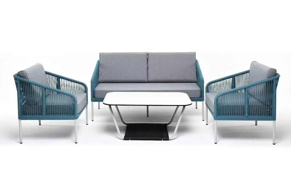 "Канны" лаунж-зона 4-местная из роупа со столом "Гранада" (молочный), каркас алюминиевый светло-серый, роуп бирюзовый
