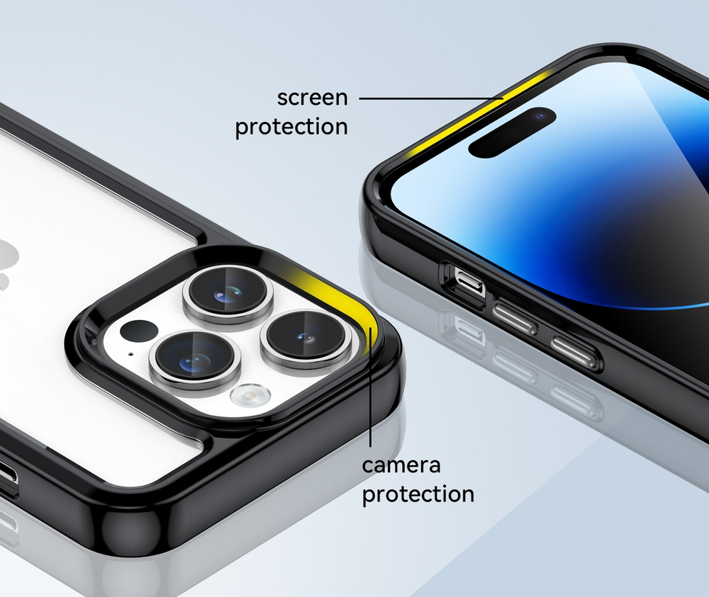 Двухкомпонентный прозрачный чехол с черными рамками для смартфона iPhone 14 Pro, мягкий отклик кнопок, усиленная защита