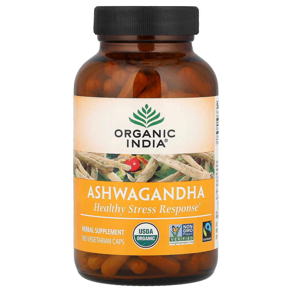 Organic India, ашваганда, 180 вегетарианских капсул (400 мг в 1 капсуле)
