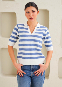 Женская футболка - Базовая, полосатая - 50% хлопок, 50% полиамид, Трикотаж - Светло-голубая - 41519