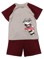 12404 Комплект детский (футболка с наклейкой и шорты) серый меланж/бордовый (64-122/128)