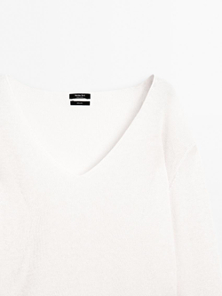 Massimo Dutti Свитер из 100% льна с V-образным вырезом, цвет слоновой кости