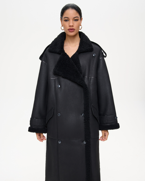 Двубортная дублёнка свободного прямого силуэта