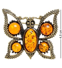 AM-1658 Брошь «Бабочка Рассвет» (латунь, янтарь)